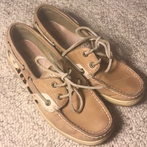 Sperry Top Siders tan with animal print sz 7